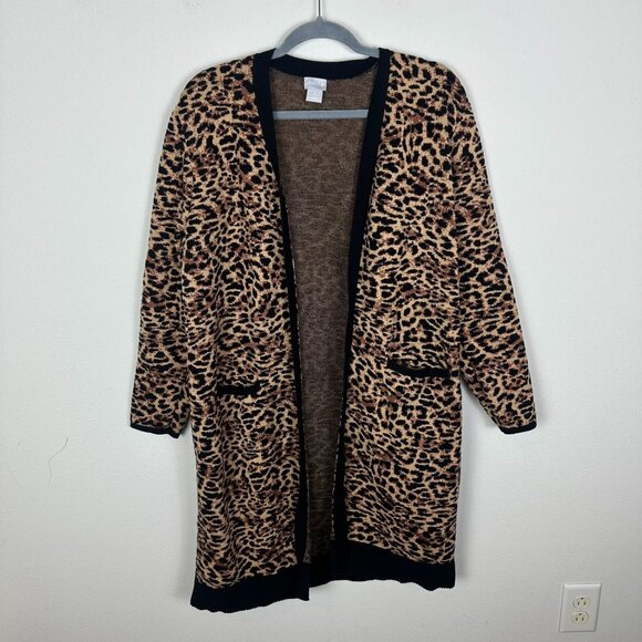 Chico's Leopard Print Long Line Cardigan XL Boho Knit Pocket Front Long Sleeve - Picture 1 of 11